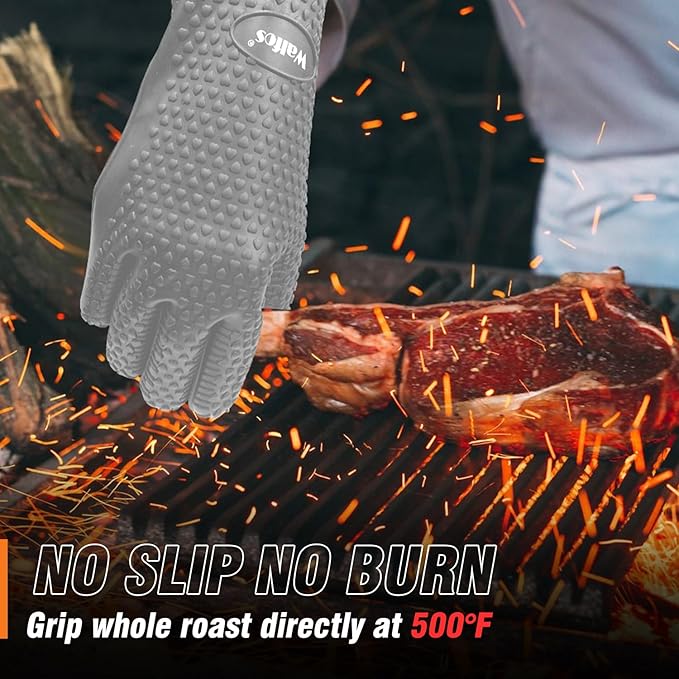 Walfos Silicone BBQ Gloves - Heat Resistant Grilling Gloves, Premium Non-Slip Kitchen Silicone Oven Mitt with Protective Cotton Layer Inside, Waterproof, Great for Grilling, Kitchen and Cooking, Gray