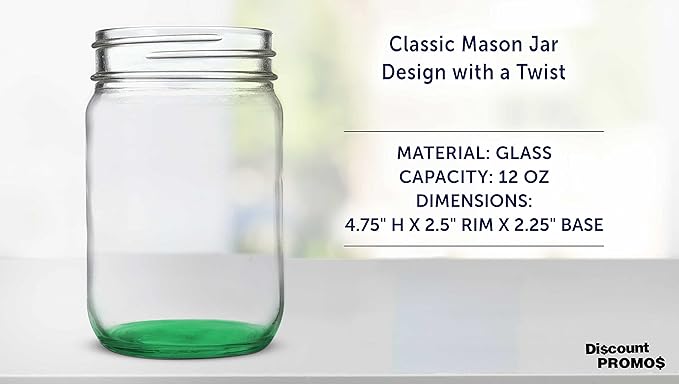 DISCOUNT PROMOS Decorating Mason Jars 12 oz. Set of 10, Bulk Pack - Glass Jars for Overnight Oats, Candies, Fruits, Pickles, Spices, Beverages - Green