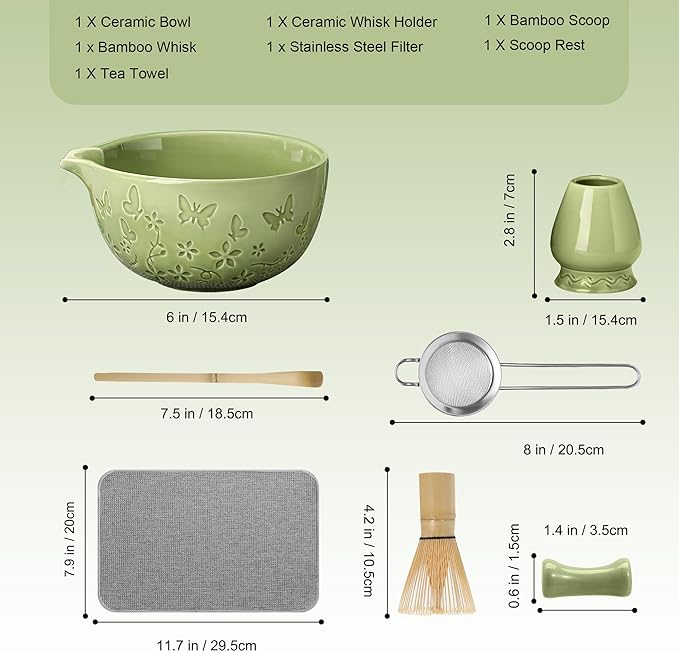 Ceramic Matcha Whisk Set 7 PCS Matcha Set Large Matcha Bowl, Matcha Whisk and Holder, Bamboo Scoop and Scoop Rest, Stainless Sifter and Tea Towel, Matcha Kit for Matcha Tea Ceremony Green