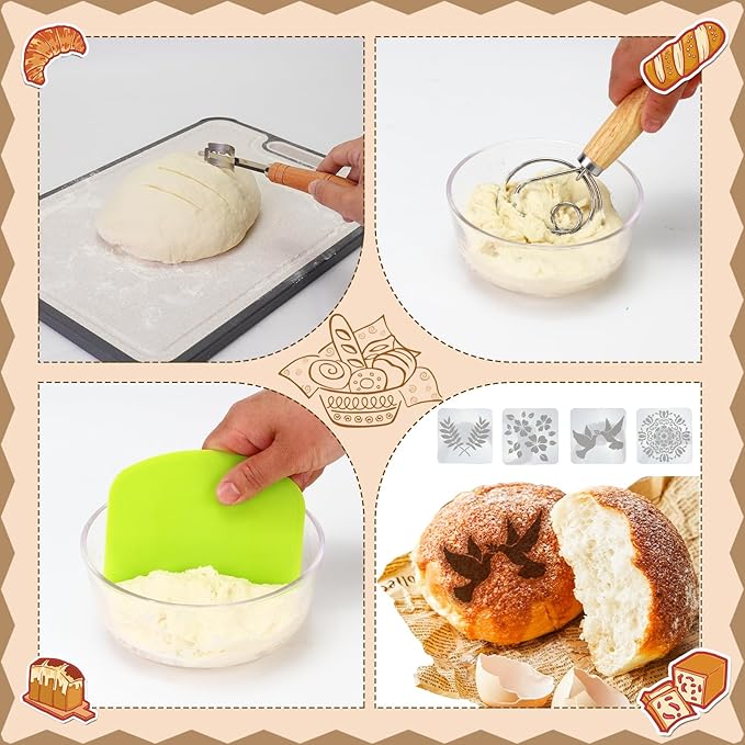 Sourdough Starter Kit,9 Inch Round & 10 Inch Oval Banneton Bread Proofing Basket with Dough Whisk Bread Lame Dough Scraper Bowl Scraper Silicone Brush Sourdough Bread Baking Supplies