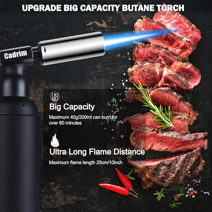 Cadrim Butane Torch, Refillable Pro Culinary Blow Torch Double Fire Cooking Torch and Small Adjustable Flame Kitchen Torch for Creme Brulee, Baking BBQ (Jat black)