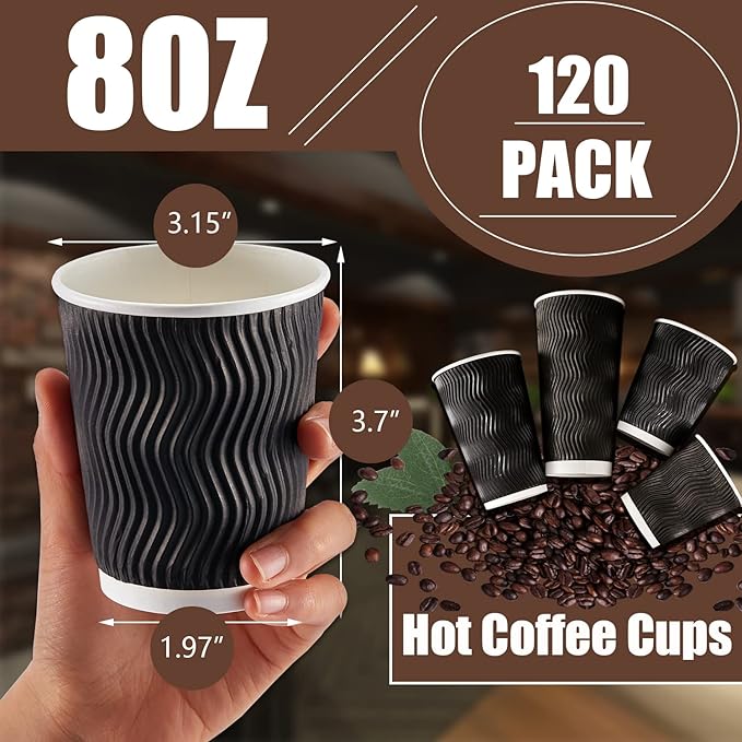 Lamosi 8 oz Disposable Coffee Cups - 120 Pack, Insulated Corrugated Paper Cups, Kraft Ripple Wall Cups for Hot Beverage or Cold Drinks (Black)