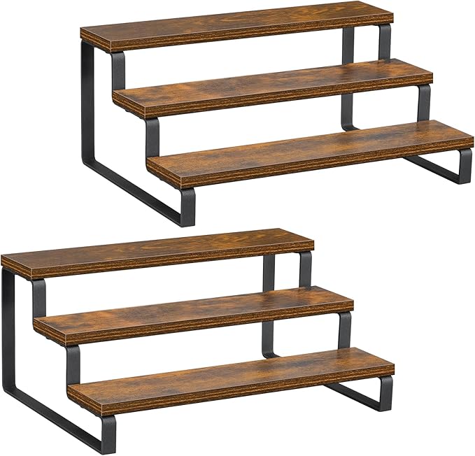 Giikin 3-Tier Spice Rack, 13.8 Inch Wood Countertop Spice Storage Holder, Kitchen Pantry Cabinet Organizer Cupboard for Spice Bottles, Jars, Seasonings, Baking Supplies, Metal Frame(Set of 2)
