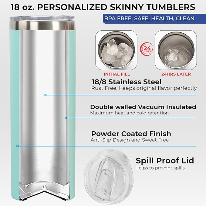 Personalized 20oz Skinny Tumbler: Engraved, Stainless Steel, Insulated, Leak-Proof Lid & Straw, Hot/Cold for Hours, Ideal for Coffee, Water, Wine, Gift for Birthdays, Weddings, Christmas, (25 designs)