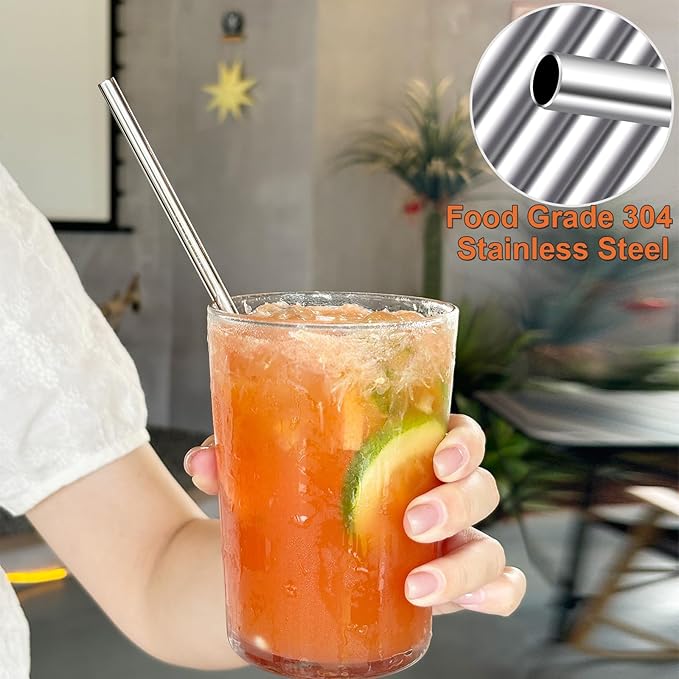 Stainless Steel Straws Metal Reusable Drinking Straw for Juice Iced Coffee Cold Beverage Water Highball Glasses 20oz Tumblers Mugs Cups, 0.24" 6mm Wide 215mm Long, Set of 8 with Brush, Silver