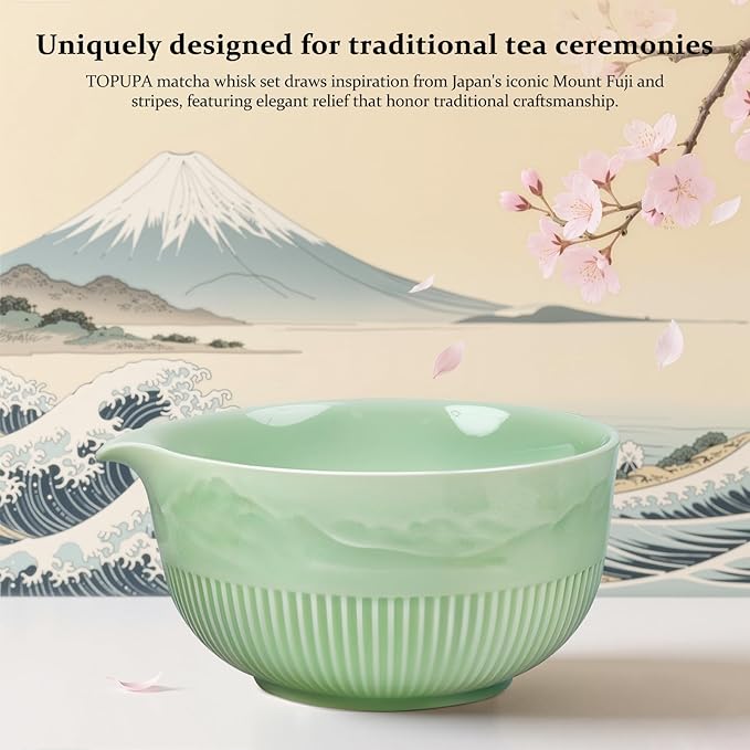 Matcha Bowl and Whisk Set 7PCs Includes Fuji Design 17oz Ceramic Bowl Whisk Holder Bamboo Spoon and Rest Sifter Tea Towel Matcha Kit for Ceremony Blue Matcha Tea Set for Making Breakfast Latte
