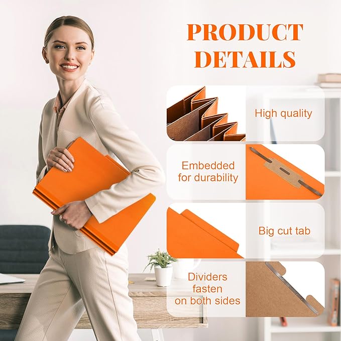 72 Pcs Classification Folders Letter Size, Back to School Supply for Teacher, Student, 3 Dividers Pressboard File Folder Bulk with 2 Fasteners, 3.5 Inch Expanding File Organizer (Orange)