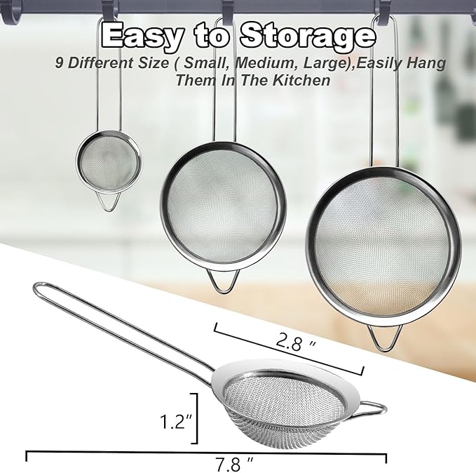 Anaeat Fine Mesh Strainers - Premium Stainless Steel Colander Sieve Sifters, with Durable Mesh and Sturdy Handle, Excellent for Sifting Dry ingredients, Flour, Pastas, Rice, Tea (2.8"）