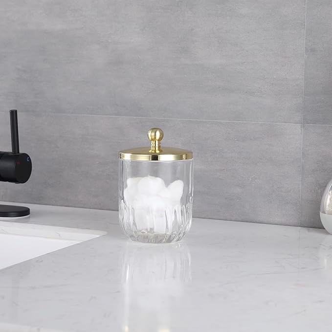 Glass Jar with Metal Lid for Bathroom Organization, Clear Apothecary Jar for Cotton Balls, Q Tips, and Small Accessories, Stylish Bathroom Storage Container Gold