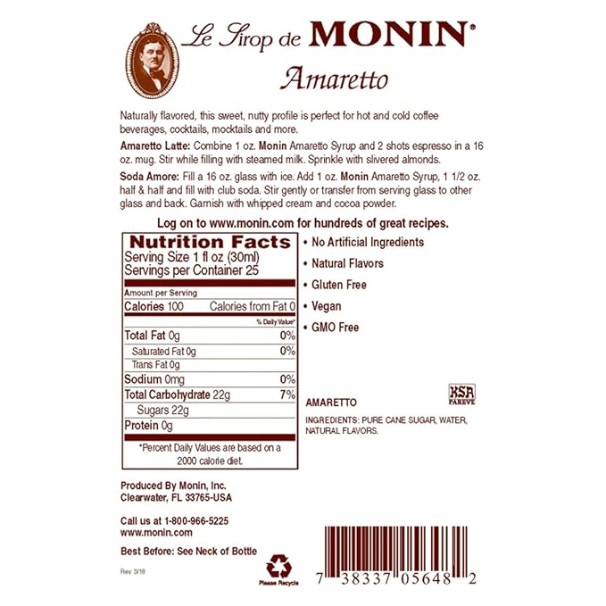 Monin - Amaretto Syrup, Almond-Caramel Cookie Taste, Natural Flavors, Great for Coffees, Lattes, Cocktails, and Mocktails, Non-GMO, Gluten-Free (750 ml)