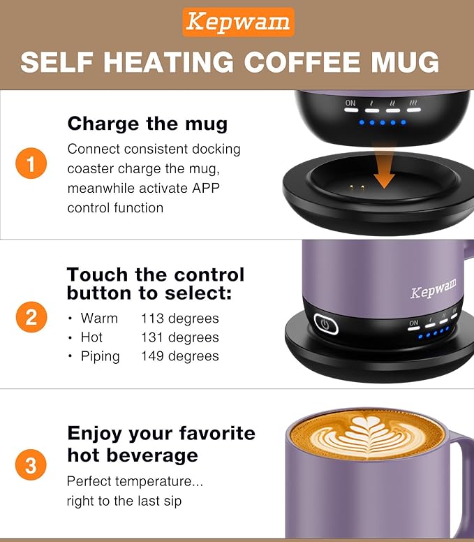 Self Heating Coffee Mug T1-16oz Fast Heating & Ultra Long-Lasting Battery Life, Heated Coffee Mug Up to 149℉ - Touch & App Controlled Coffee Mug, Birthday Gifts for Women and Men