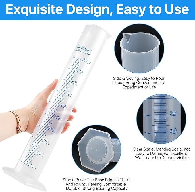 4 Packs 500ml Plastic Graduated Cylinder,Transparent Measuring Cylinder Set with Pour Spout, 2-Sided Making Plastic Lab Test Tube for Science Projects, Laboratory Supplies