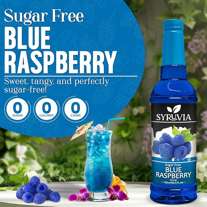 Syruvia Sugar-Free Blue Raspberry Syrup, Flavored Syrup for Drinks, Cocktails, Lemonades, Iced Teas, and Desserts – 25.4 fl oz