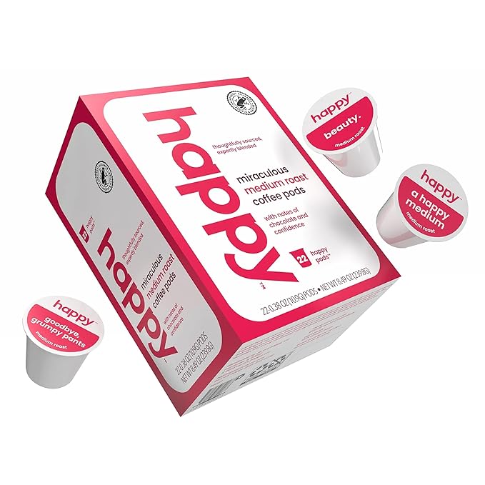 happy coffee medium roast coffee pods, 22 count, notes of chocolate & confidence, compatible with most K-cup brewers, rainforest alliance certified