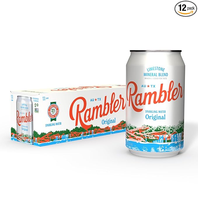 AUTX RAMBLER Sparkling Water, Texas Limestone Mineral Blend, Original Natural Flavor, 12-Ounce Cans, 12-Pack