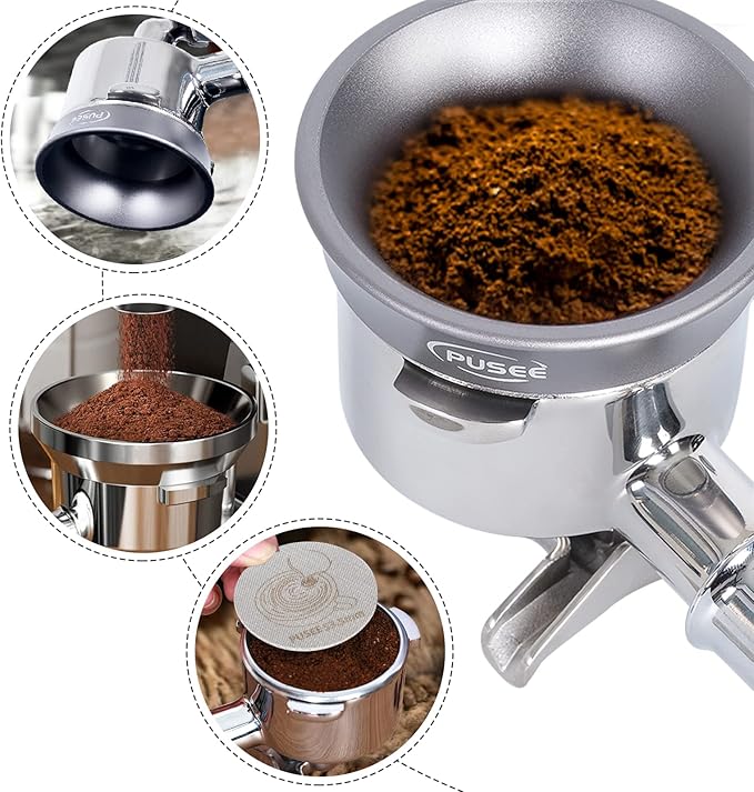 PUSEE Espresso Dosing Funnel & Puck Screen, Magnetic Coffee Dosing Ring Aluminum Metal, Reusable 1.7mm Thickness 150m Espresso Puck Screen 316 Stainless Steel Fits 51mm Portafilter
