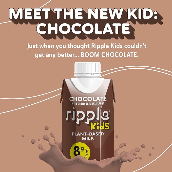 Ripple Kids Chocolate Plant Based Milk | Pediatrician Reccommended | 8g Pea Protein | Shelf Stable | Vegan & Non GMO Certififed | Dairy, Soy, Nut, Gluten, and Lactose Free | 8 Fl Oz (Pack of 12)