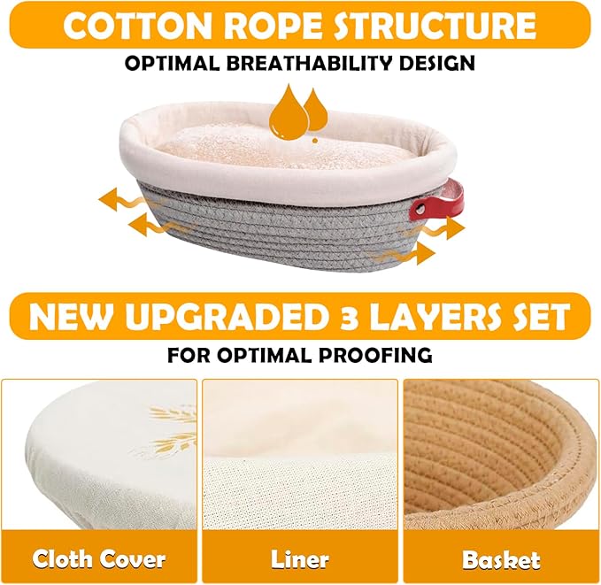 Handmade Cotton Rope Banneton Bread Proofing Basket Set,Oval & Round Bread Baskets - With Liner & Cloth Cover，for Home Sourdough Bakers Baking