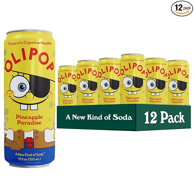 OLIPOP Prebiotic Soda Pop, SpongeBob Pineapple Paradise, Pantry Pack Packed with Prebiotics, Fiber, and Botanicals, Gluten Free, Vegan, GMO Free, 12oz Skinny Can (12-Cans)
