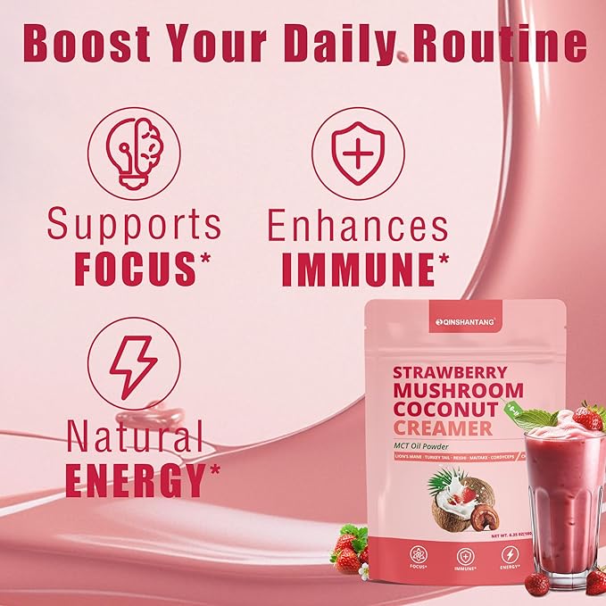 Mushroom Coffee Creamer, Strawberry Flavored Coconut Creamer, Probiotics, MCT Powder, 6 Mushrooms | Lion's Mane, Turkey Tail, Reishi, Maitake | Boosts Focus, Immunity and Energy | 30 Servings