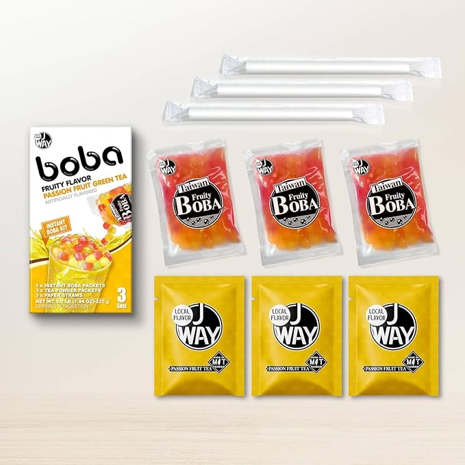 J WAY Instant Passionfruit Pineapple Green Tea Kit with Authentic Fruity Colorful Tapioca Boba, Ready in Under One Minute, Paper Straws Included - 3 Servings