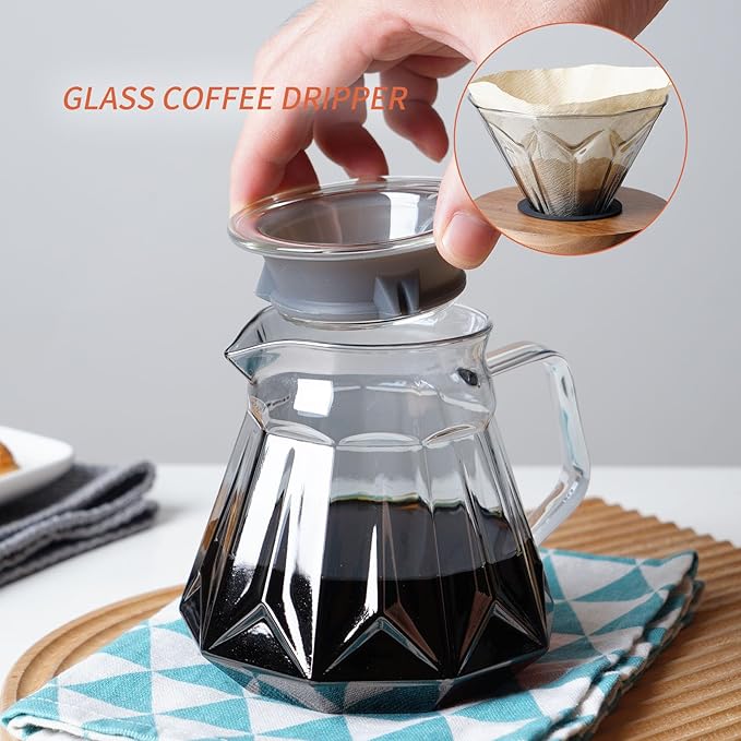 Pour Over Coffee Maker Set, 21 oz/620ml Glass Pour Over Coffee Dripper Filter Coffee Maker Kit Manual Grinder with Walnut Handle for Home Office Cafe Restaurant Camping (Grey)