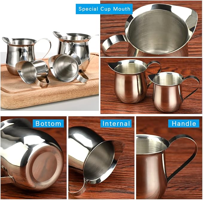 Rolin Roly 2Pcs Milk Frothing Pitcher Stainless Steel 60ml Small Bell-Shaped Creamer Mini Coffee Jug for Barista Cappuccino Espresso Cups Latte Art Pitcher