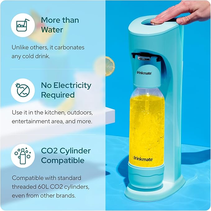 Drinkmate OmniFizz Sparkling Water and Soda Maker, Carbonates Any Drink, Special Bundle - Includes 60L CO2 Cylinder, Two Carbonation Bottles, and Fizz Infuser (Arctic Blue)