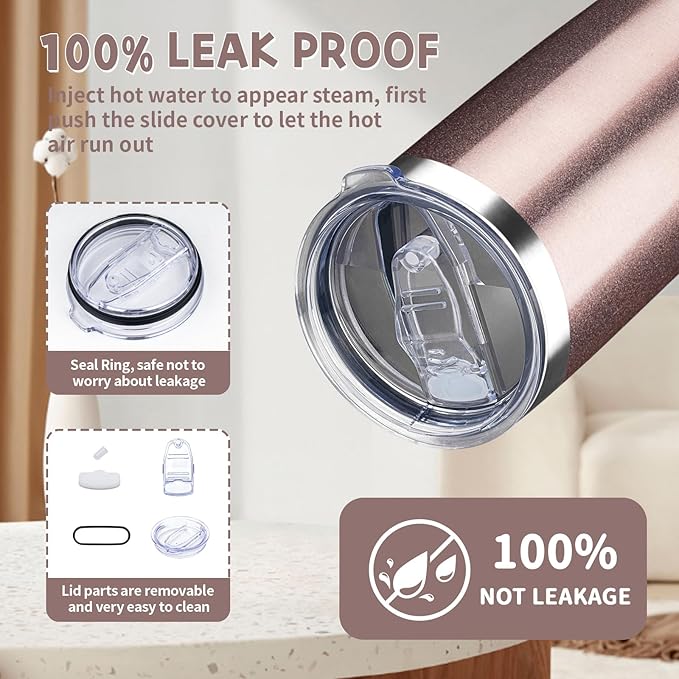 20 oz Tumbler with Lids and Straws, Stainless Steel Insulated Coffee Tumbler, Double Wall Vacuum Insulated Travel Mug Cup, Leakproof Thermal Coffee Cup for Hot and Cold Drinks (Rose Gold)