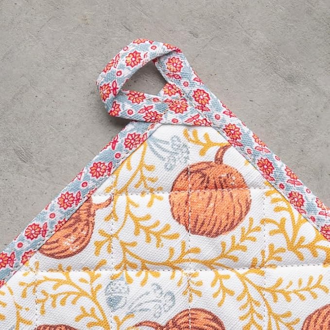 Maison d' Hermine Pot Holders Set 100% Cotton Heat Resistant Potholders 8" x 8" Hot Pads with Loop BBQ, Cooking, Baking, Grilling, Kitchen, Handling Hot Pans (Pack of 2, Harvest Festival)