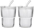 13oz/400ML Glass Tumbler with Straw and Lid Ribbed Vertical Ice Coffee Cups Sealed Carry on for Coffee Iced Tea, Thick Wall Glassware Tumbler Water Glass (Clear 2pcs)