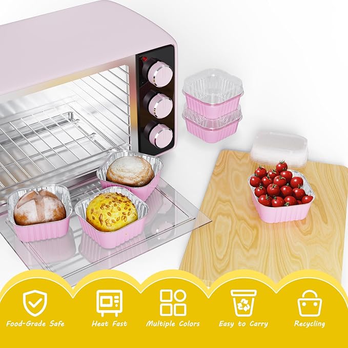50 Pack Square Mini Cake Pans with Lids,Mini Loaf Pans with Lids,Aluminum Foil Baking Cups,Disposable Ramekins Cupcake Cups,Dessert Cups for Wedding Birthday Party Picnics,5oz (Pink)