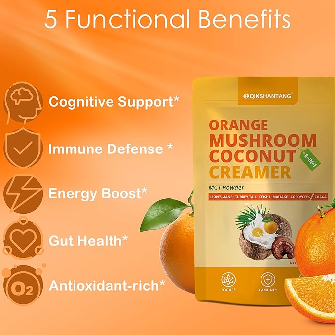 Mushroom Coffee Creamer, Orange Flavored, Probiotics, MCT Powder and 6 Mushrooms | Lion's Mane, Turkey Tail, Reishi, Maitake, Chaga, Cordyceps | Boosts Energy, Focus, Supports Immunity | Gluten-Free, Vegan, 6.35 Oz