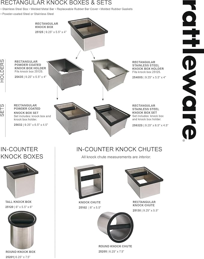 Rattleware Stainless Steel Knock Box - Ideal for Home, Cafe, Restaurant, Hotel, Office, or Commercial Establishment - Heavy Duty Knock Box Trusted By Baristas Worldwide (9" x 5.5" x 4")