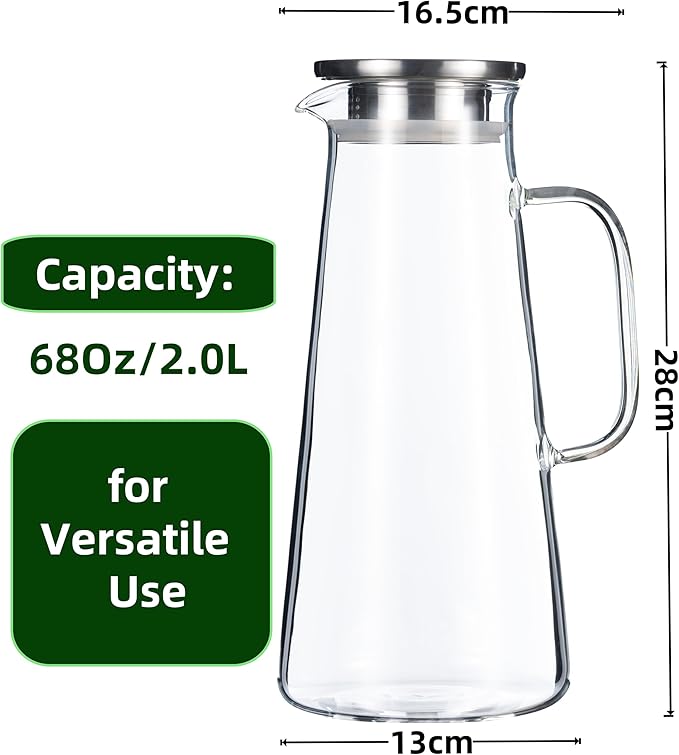 Karafu 68 Oz/2 Liter Pitcher, Glass Pitcher with Lid, Easy Clean and Heat Resistance Borosilicate Glass Jug for Hot or Cold Water, Milk, Ice Tea and Juice Beverage
