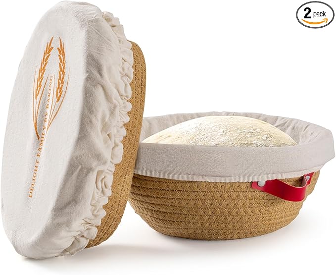 Cotton Rope Banneton Bread Proofing Basket Set - Includes handmade oval and round bread baskets with liners and covers. Ideal for sourdough bread baking supplies and starters