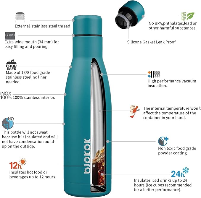BJPKPK 17oz Insulated Water Bottles Stainless Steel Sports Water Bottles Keep Cold and Hot for Travel Dishwasher Safe,Lake Blue
