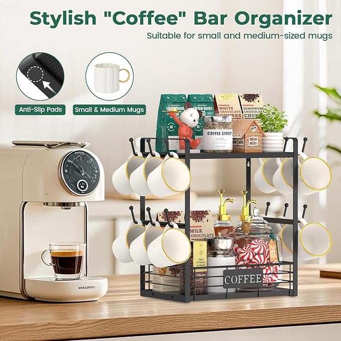 EsLuker.ly Coffee Mug Cup Holder Stand Bar Station Organizer for Countertop, Multi-Functional 2 Tier Mug Tree Rack for Kitchen, Storage Shelf with 12 Hooks, Black(Patented Design)