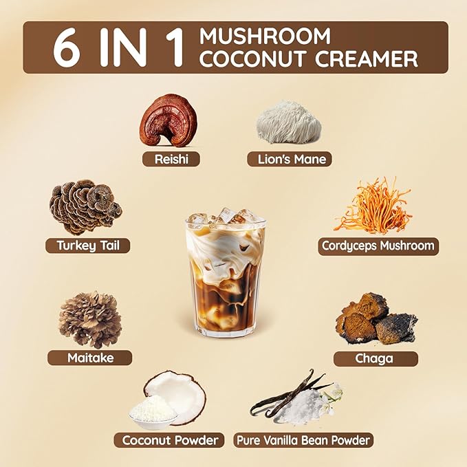 Veltracha Mushroom Coffee Creamer, Superfood Coconut Creamer Powder with 6 Adaptogenic Mushrooms - Reishi, Turkey Tail, Lions Mane, Non-Dairy Coconut Powdered Creamer for Energy & Focus & Digestion, 30 Servings, Mocha