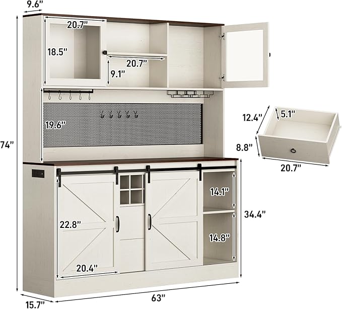74" Tall 63" Wide Large Coffee Bar Cabinet w/Outlet,6000-color LED Light,Pegboard,Farmhouse Hutch Cabinet w/Barn Door,2 Big Drawers,Adjustable Shelves,10 Wine & Glasses Rack,5 Hook for Kitchen