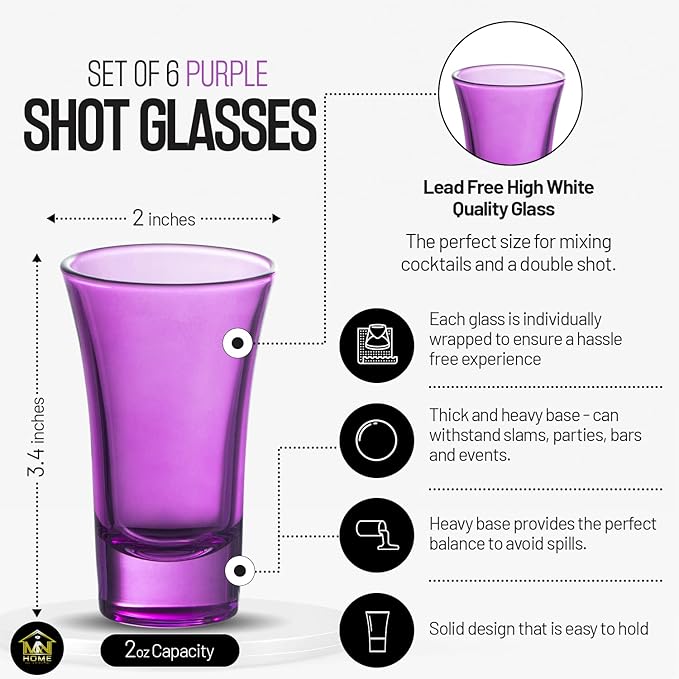 M&N HOME Purple Shot Glasses, 2 Oz Set of 6, Whiskey, Tequila, Cocktail, Round Glasses for Vodka, Spirits & Liquors