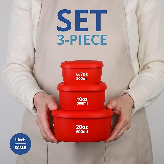 BLUE GINKGO Nesting Silicone Containers - Set of 3 Hard-Shell Silicone Food Storage Containers | BPA Free, Airtight, Dishwasher and Freezer Safe (6.7oz, 10oz, 20oz) - Red