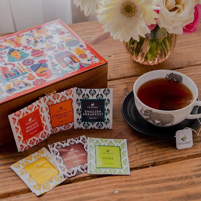 Octavius Gift's Select - Assorted Tea in Multi Design Printed Wooden Box | 6 Flavors, 90 Tea Bags | Black & Green Tea | Tea Gifts for Women & Men | Tea Variety Pack | Mothers Day Tea Gift Box