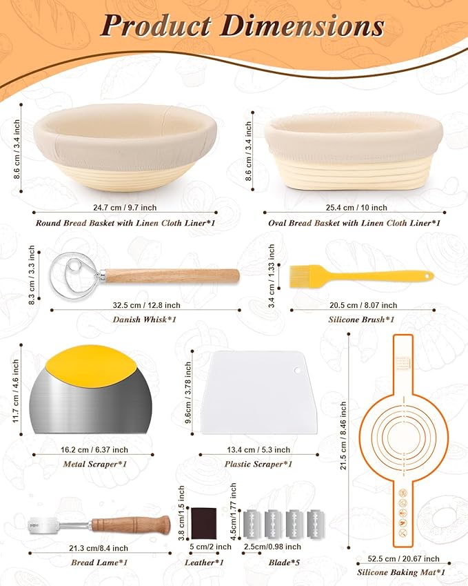 Banneton Basket Set of 2, 10" Oval & 9.7" Round Banneton Bread Proofing Basket with Liners, Bread Lame, Silicone Baking Mat, Danish Whisk, Brush, Proofing Bowls Sourdough Starter Kit Tools