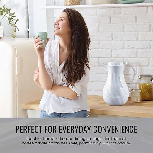 OCS Parts Easy Pour Thermal Coffee Carafe | 10-Inch Insulated Hot and Cold Beverage Pitcher Server for Coffee, Tea, Hot Chocolate and Water with Colored Tags for Easy Idenfication | 42-Ounce | White