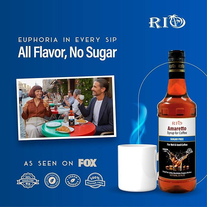 RIO Amaretto Sugar Free Coffee Syrup – Barista-Grade, Smooth & Nutty Flavor for Hot or Iced Drinks, Lattes & Macchiatos, Zero Sugar Beverage Extract – Skinny Syrup 700ml
