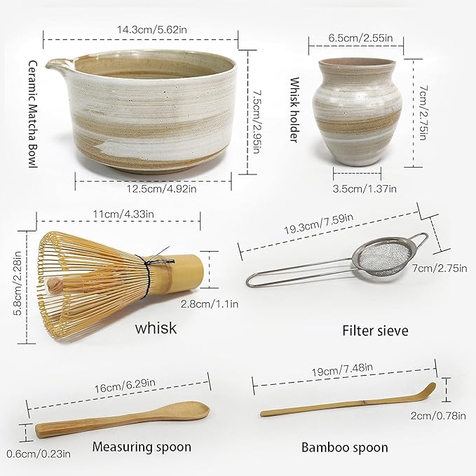Matcha Whisk Set, Matcha Set, 6 Pieces, with Bamboo Whisk, Ceramic Bowl & Sifter Complete Matcha kit Tea Includes Scoop & Spout Bowl, Traditional Japanese Tea Accessories for Home (set of 6)