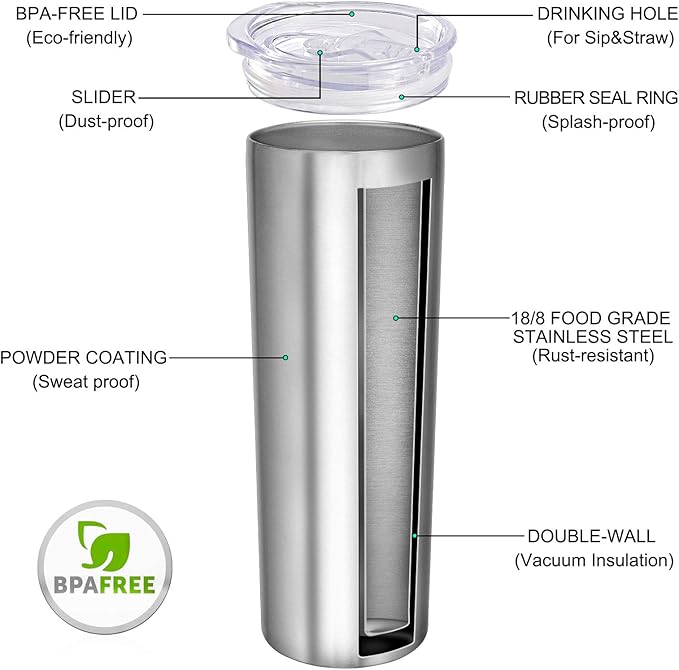 VEGOND Stainless Steel Tumblers Bulk 6 Pack, 20 oz Vacuum Insulated Skinny Tumblers with Lid and Straw, Double Wall Coffee Mug, Travel Water Cup