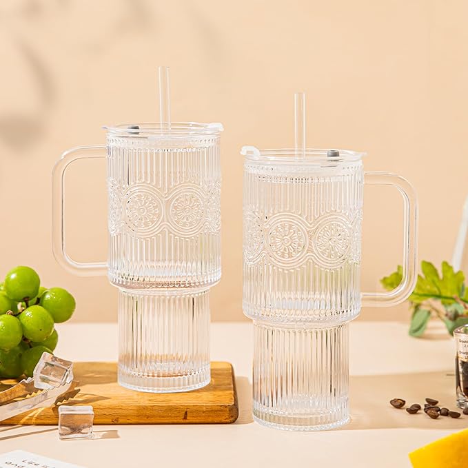 26oz Ribbed & Floral Glass Tumbler with Handle – Smoothie Cup with Lid & Straw – Reusable Iced Coffee Tumbler for Hot & Cold Drinks – Perfect for Smoothies, Matcha,Whiskey (Set of 1)