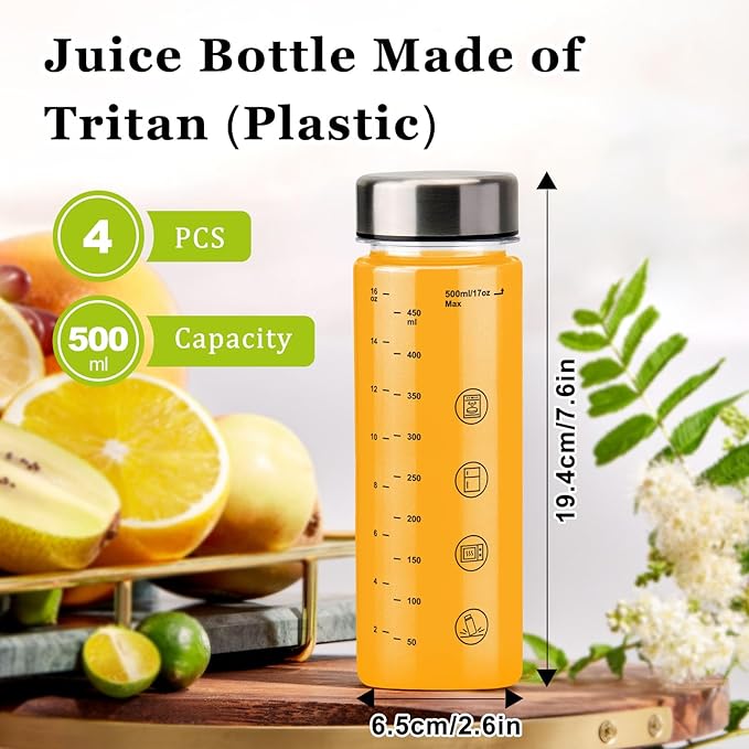 4 Pack Juice Bottles with Caps - Wide Mouth Resuable Clear Plastic Water Bottles for Juicing,Smoothie,Protein, Beverage,Storage Containers,BPA Free,Leakproof Stainless Steel Lid(16 Ounces)